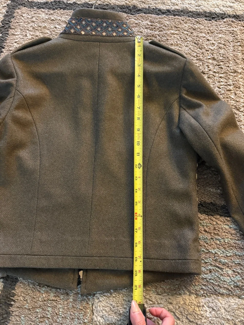 Tory Burch Olive Green Beaded Front Zip Military-Style Jacket